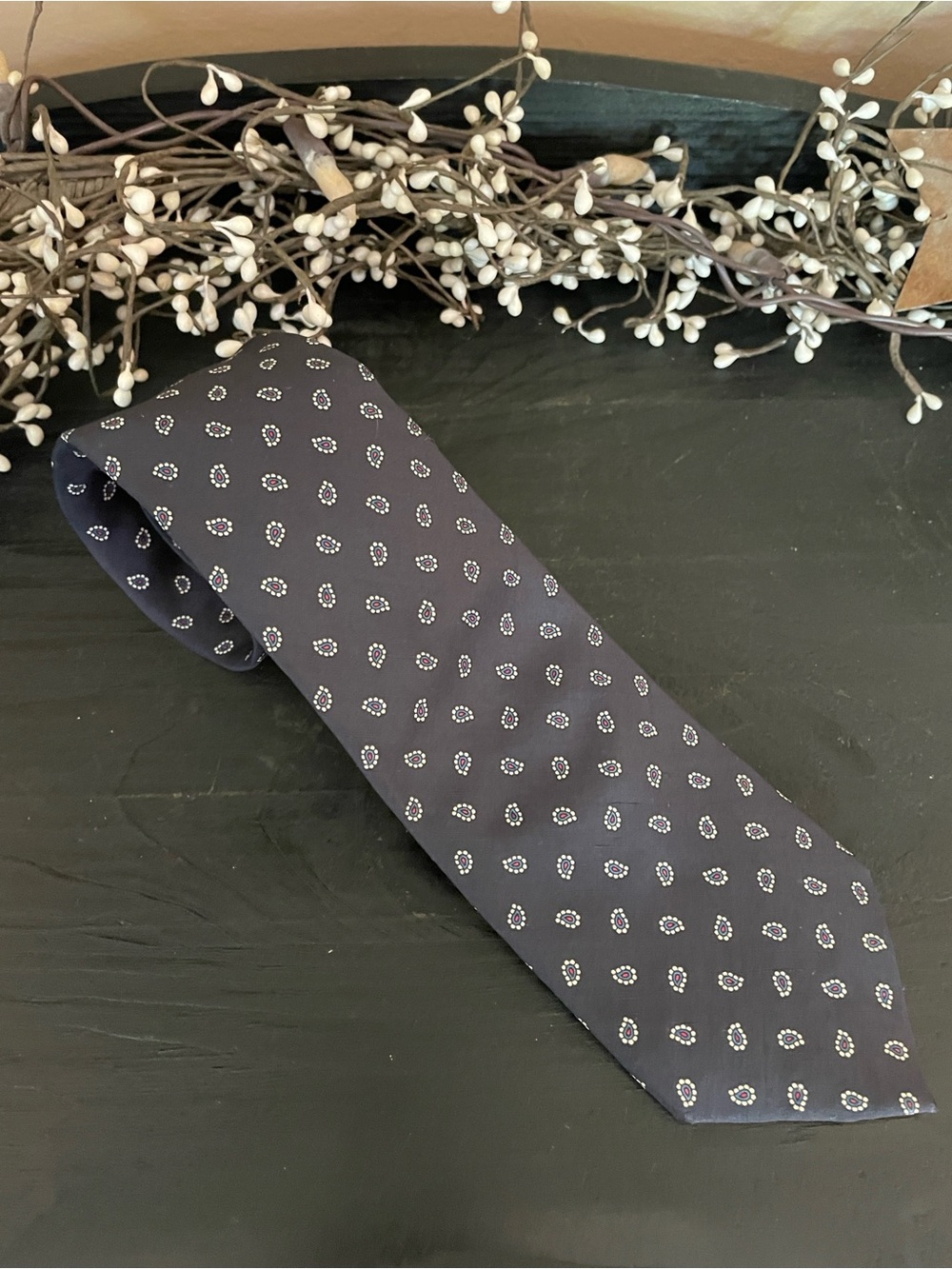 Vintage Lands’ End Charter Classic Navy Men's Necktie with Dot Medallion Pattern